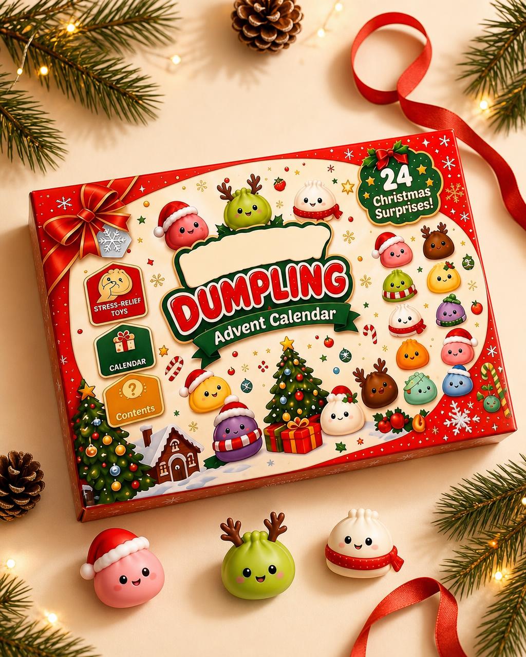 Dumpling Days advent calendar box with pine and ribbon
